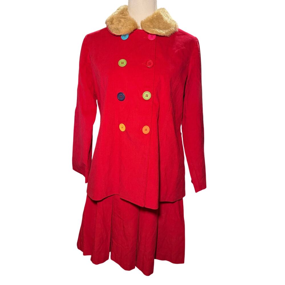 Jellybean Vintage Red Corduroy Skirt Suit Faux Fur Collar, Girls Plus 14.5, NWT